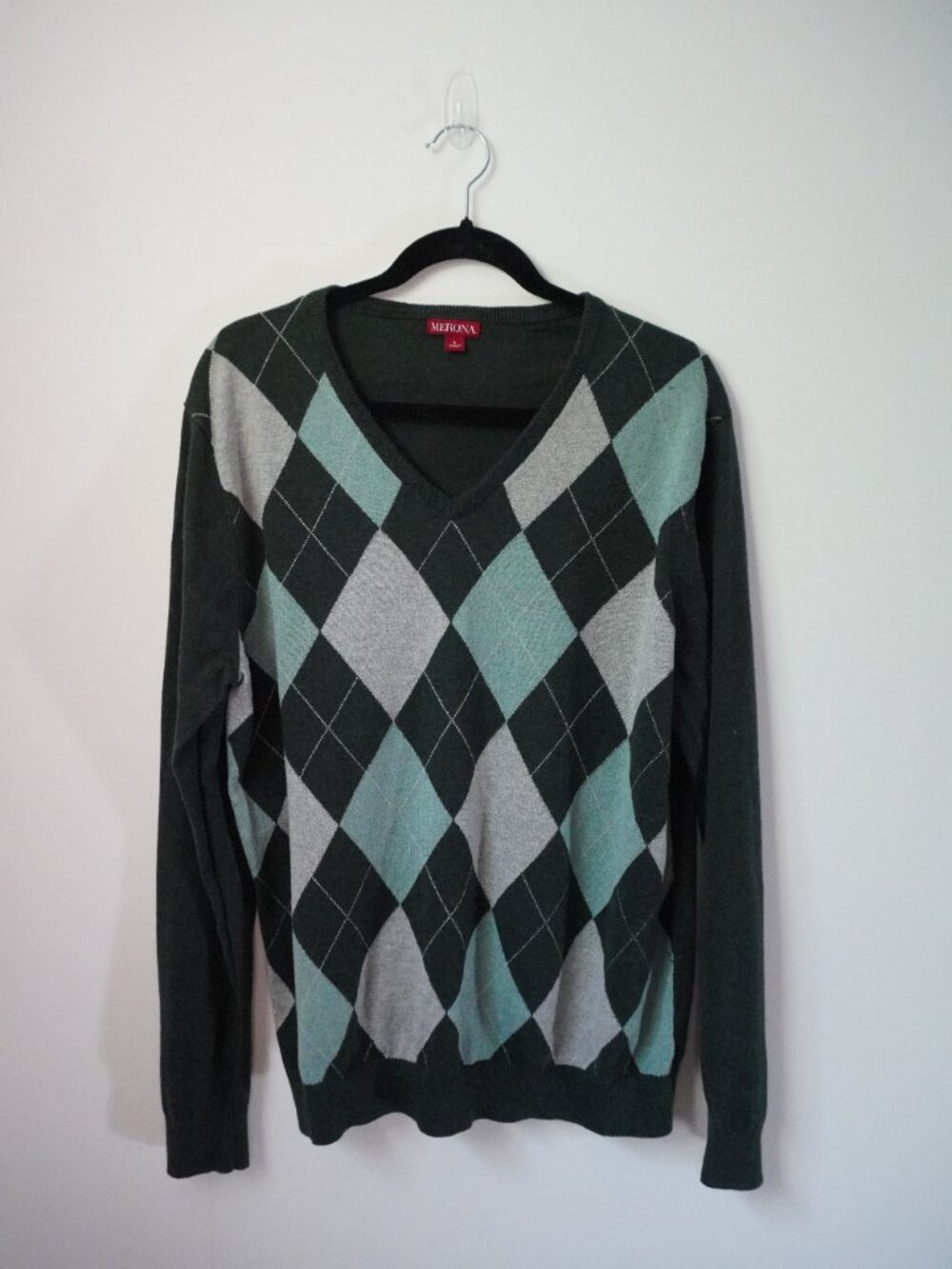 Merona Plaid Green V-neck 100% Cotton Sweater Size Large